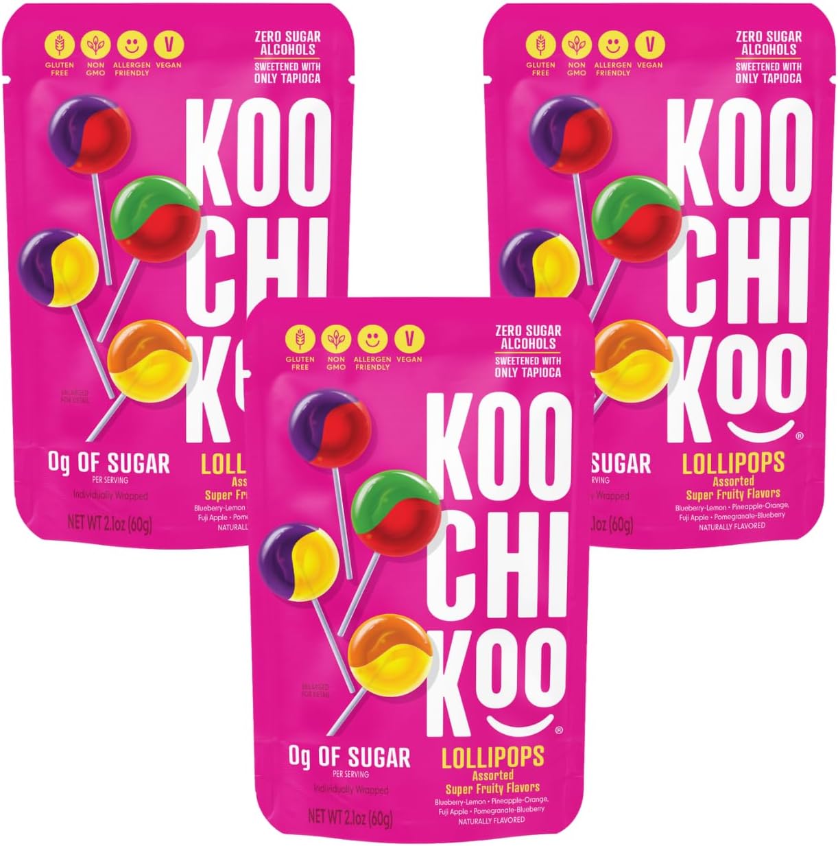 Koochikoo Sugar Free Lollipops Pouch, Assorted Fruit Flavors, No Sugar Added, Gluten Free & Vegan (10 Count (Pack of 3))