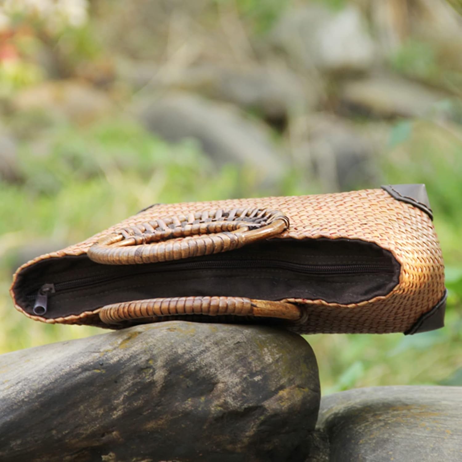 Summer Beach Bag, Boho Handmade Rattan Handbag, Round Bamboo Handle, Large Straw Retro patternTote Bag for Beach Vacation Daily(Khaki) - Image 2