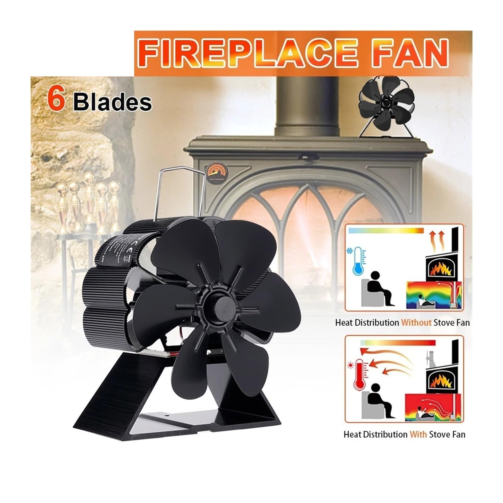 1 ventilateur de poêle à 6 pales alimenté par la chaleur, brûleur bois, écologique, silencieux, for maison, for l'hiver(1)
