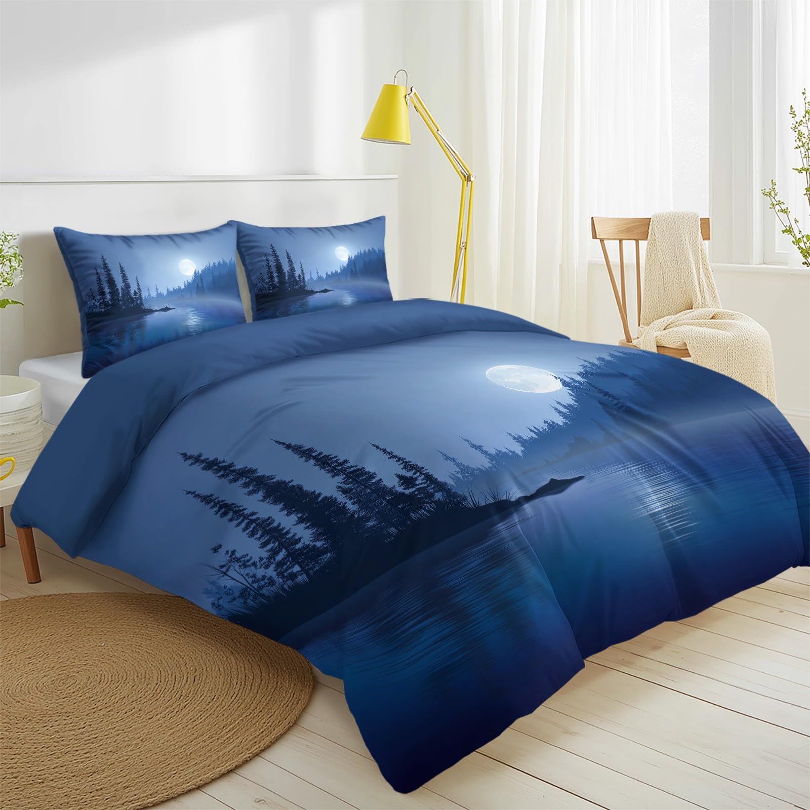 Set di biancheria da letto da 220 x 240 cm, meravigliosamente calmo, mistico, elegante, natura, paesaggio, lago e foresta, reversibile, in microfibra, traspirante, per bambini e adulti, con chiusura