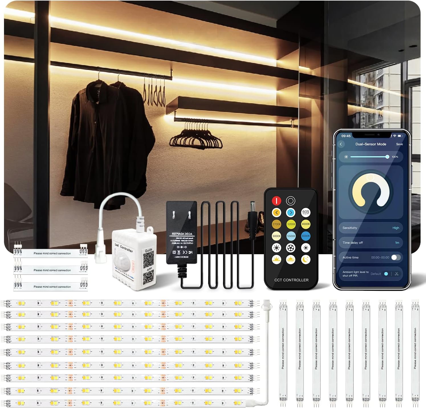 TJOY Motion Sensor LED Strip Lights, 10pcs Under Cabinet Lights Kit with App & RF Remote Control, 2700K 6500K Dimmable Under Cabinet Lighting for Kitchen,Counter,Shelf, Dusk to Dawn Night light 16.4ft