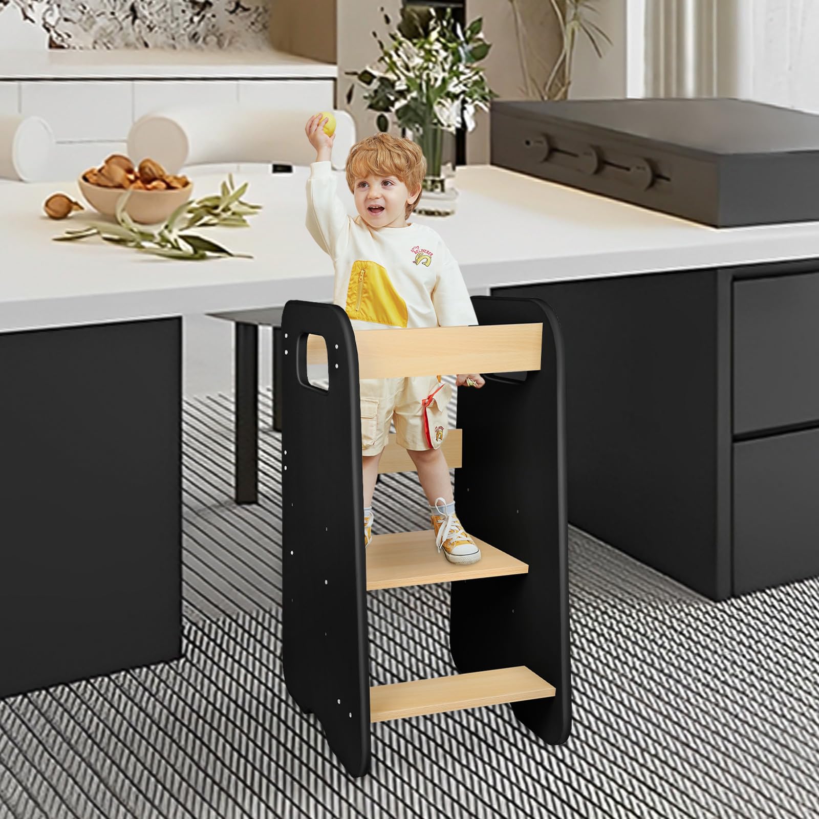 Torre de aprendizaje plegable de madera, 3 niveles ajustables, negro y natural, mango giratorio 88 x 45 x 45 cm (negro - C)