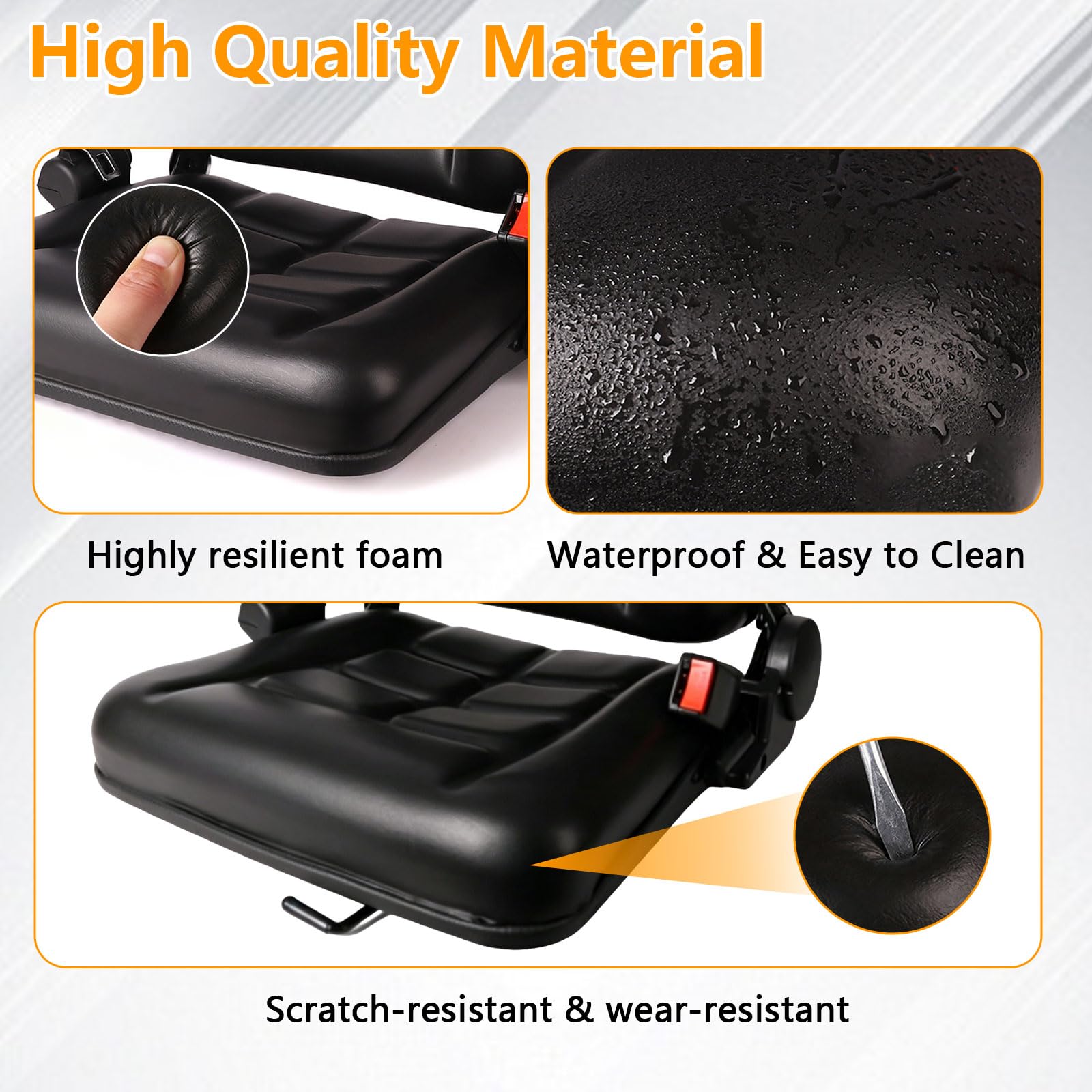 Asiento universal para montacargas, asiento de tractor con respaldo ajustable de 35°–180°, guía deslizante, apoyabrazos plegables y desmontables, cinturón de seguridad retráctil para montacargas