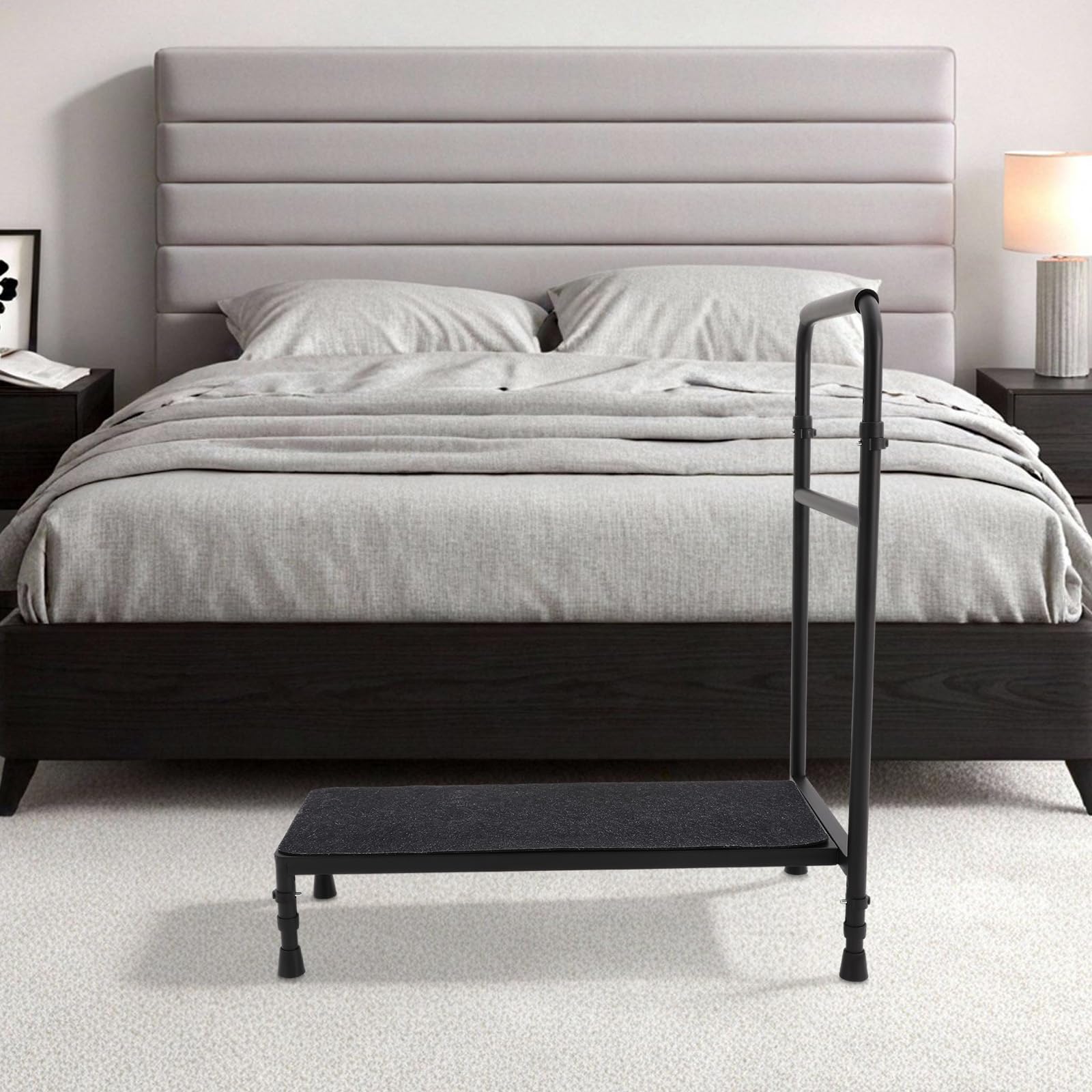 Scalino mobile di sicurezza per anziani, antiscivolo, 1 gradino, con corrimano regolabile, portata fino a 150 kg, ideale per vasca da bagno, letto e veicolo (nero)
