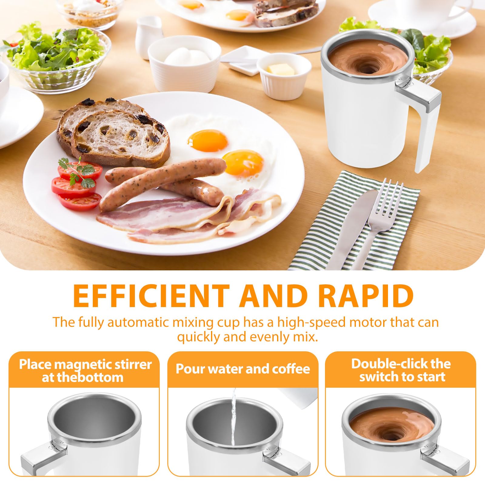 Self Stirring Magnetic Coffee Mug, 316 Stainless Steel Automatic Stirring Coffee Mug, IPX6 Waterproof Electric Mixing Cup, Rechargeable Self Mixing Coffee Cup, 350 ml for Coffee Milk Juice (White)