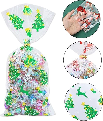 Miniatura 4 de Boerni 100 bolsas de celofán de Navidad, bolsas de plástico para violonchelo de Navidad con lazos giratorios para dulces, galletas, golosinas,