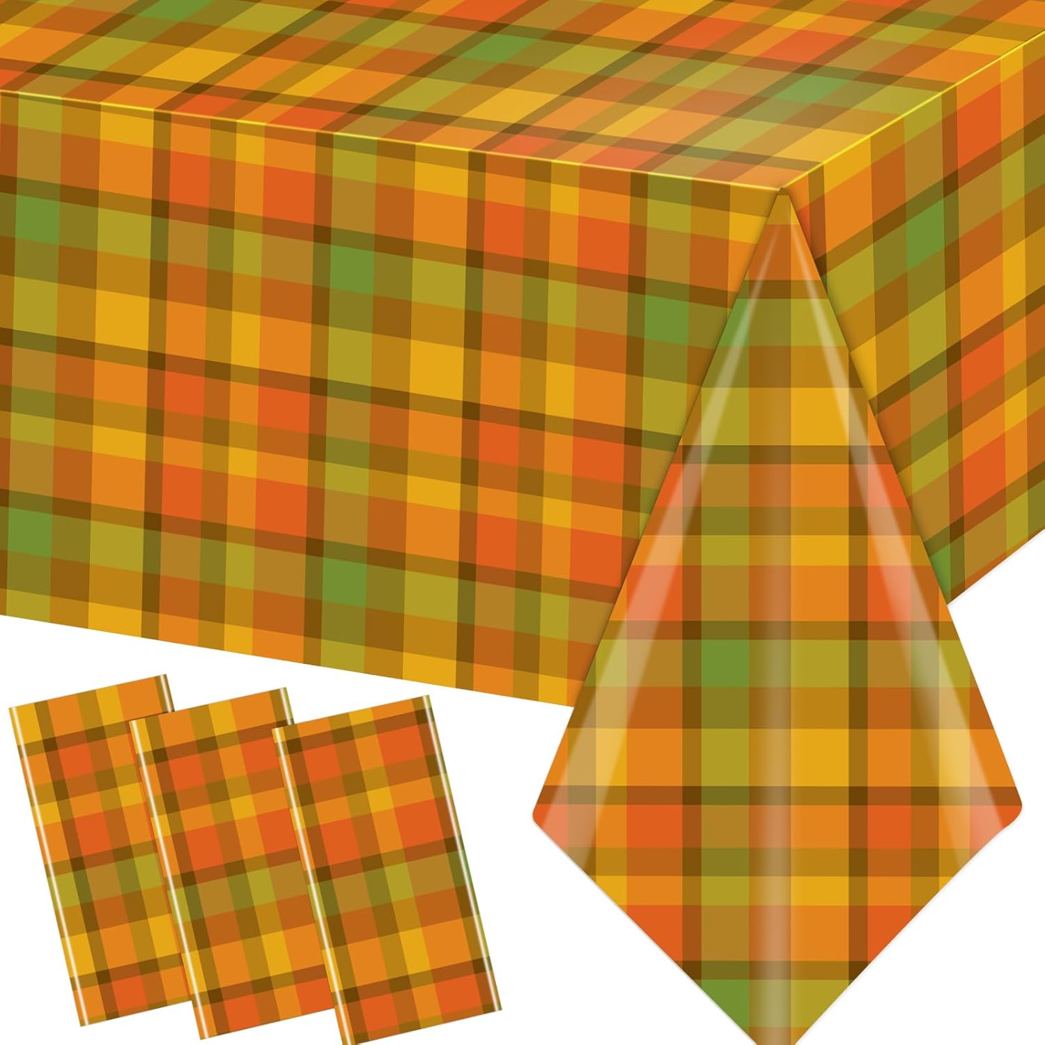 CMUSKO Fall Plaid Tablecloth, 3Pcs Fall Thanksgiving Tablecloth Orange Green Buffalo Plaid Tablecloth, Plastic Plaid Table Cover for Autumn Harvest Thanksgiving Birthday Picnic Party Decorations