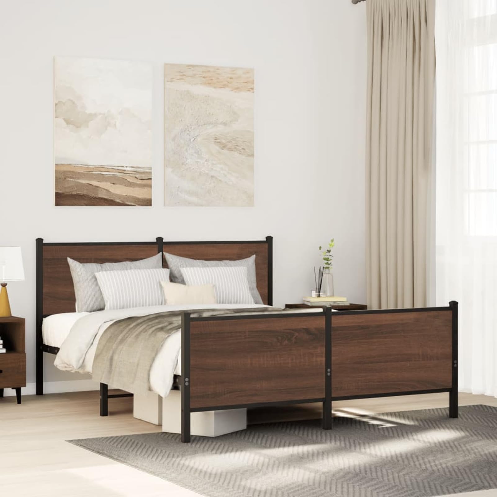 WGYHOME metalowa rama łóżka 160 x 200 cm, brązowa, imitacja dębu, ze stali ze środkowymi nóżkami i miejscem do przechowywania pod łóżkiem, dla dorosłych