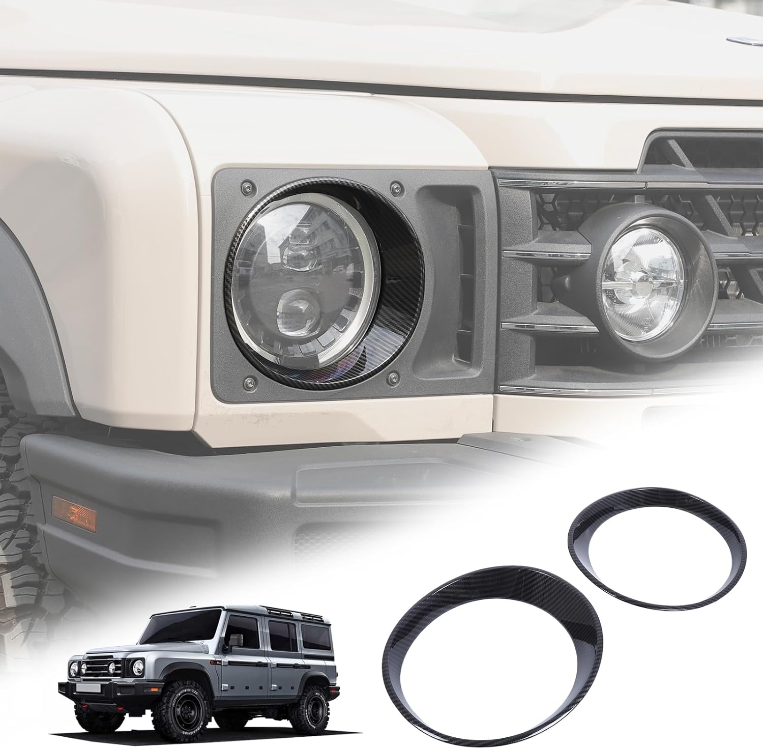 Bezels Front Light Headlight Trim Cover Compatible with INEOS Grenadier 2020-2025 Front Head Lamp Eyelid Cover Trim Exterior Accessories (Carbon Fiber)