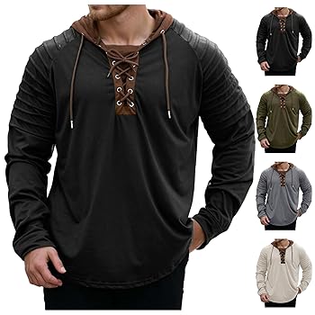 Mens Henley Shirt Hooded Vintage Long Sleeve Pleated Lace Up