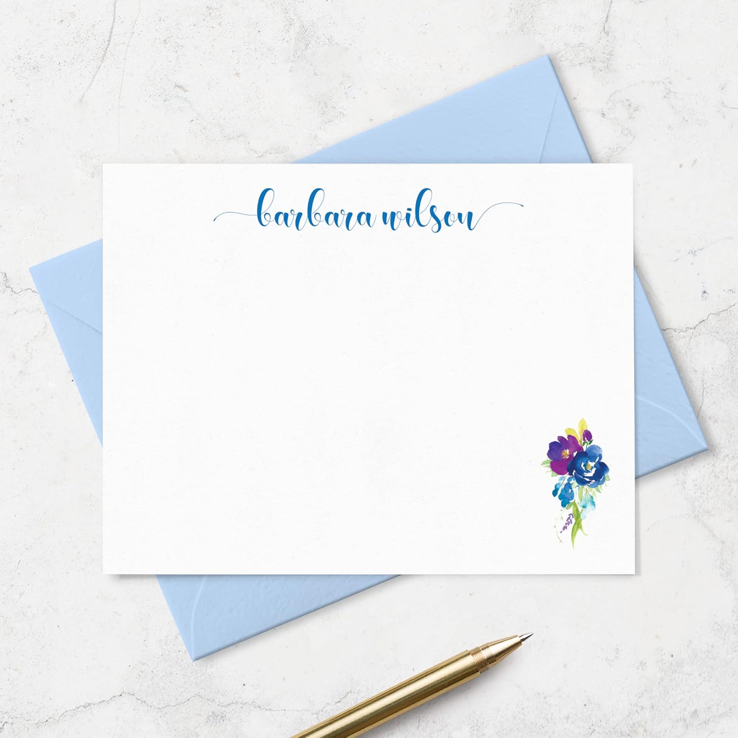 Fairmont & Grove Personalized Floral Note Card and Envelope Stationery Set for Women - Pretty Pink Watercolor Corner Flower Design A2 Flat Note Cards Stationary (Blue & Purple Flower in Corner)