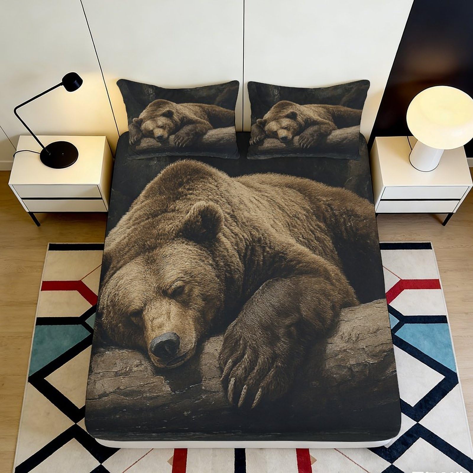 3D Printed Brown Bear Fitted Sheet Microfiber Soft Breathable Sleeping Bear Mattress Cover for Bedroom Dormitory Guest Room Mattress Protection Decor 160x200x25cm