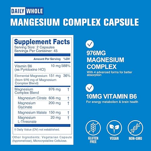 Miniatura 3 de Complejo de glicinato de magnesio 4 en 1, 976 mg de glicinato de magnesio, citrato, malato, L-treonato y suplemento de vitamina B6 para la salud