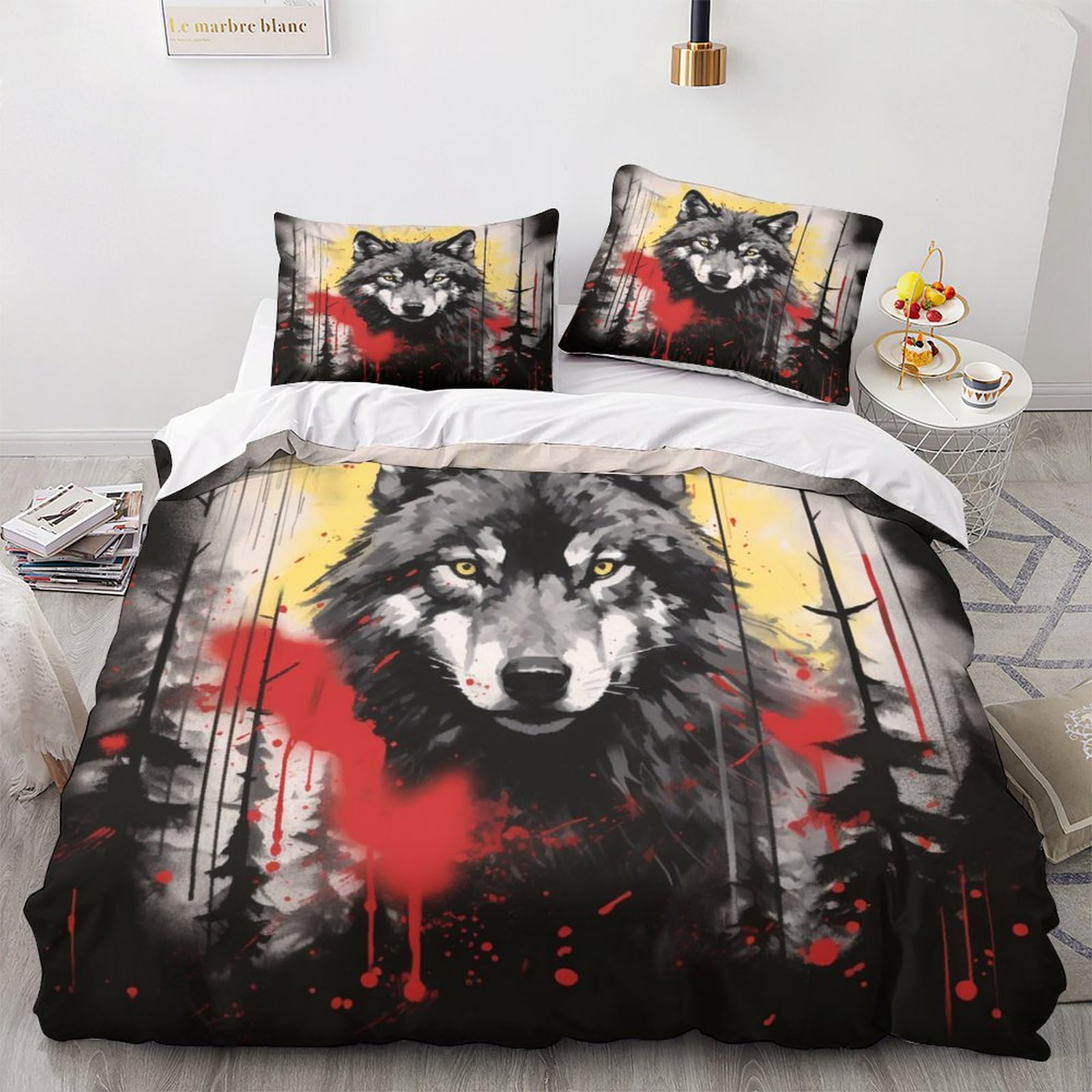 Housse de couette loup 3D imprimé animal parure de lit 3 pièces 220x240cm avec taies d'oreiller