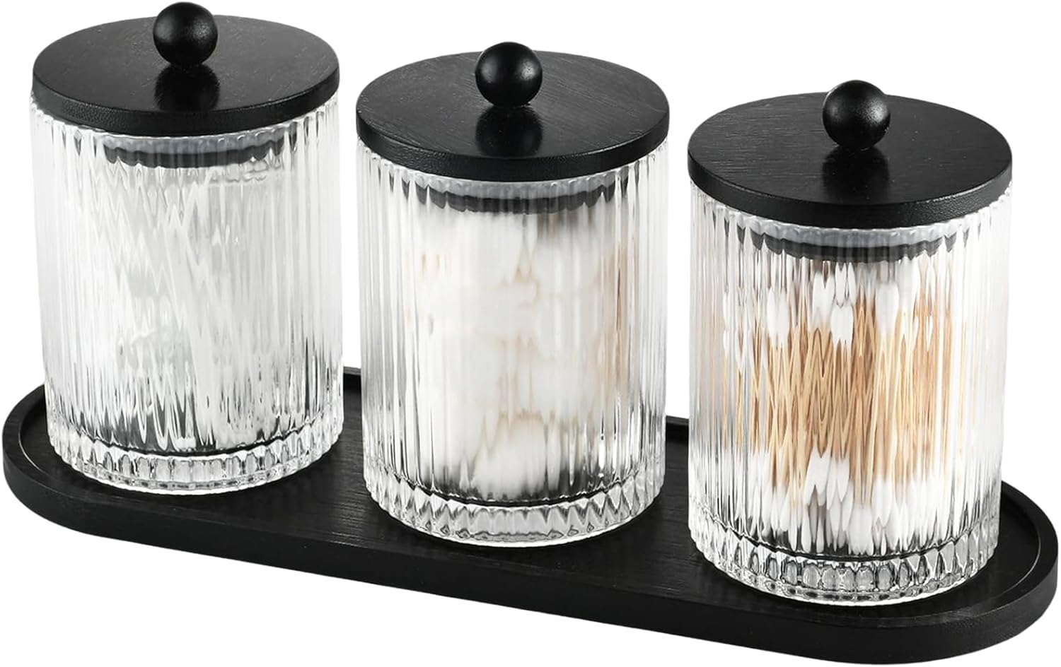 3 Pack Qtip Holder Bathroom Set,Cotton Pad Ball Swab Holder Cotton Round Floss Pick Dispenser with Tray,Glass Apothecary Jars with Black Lids,Bathroom Organizers and Storage Canisters