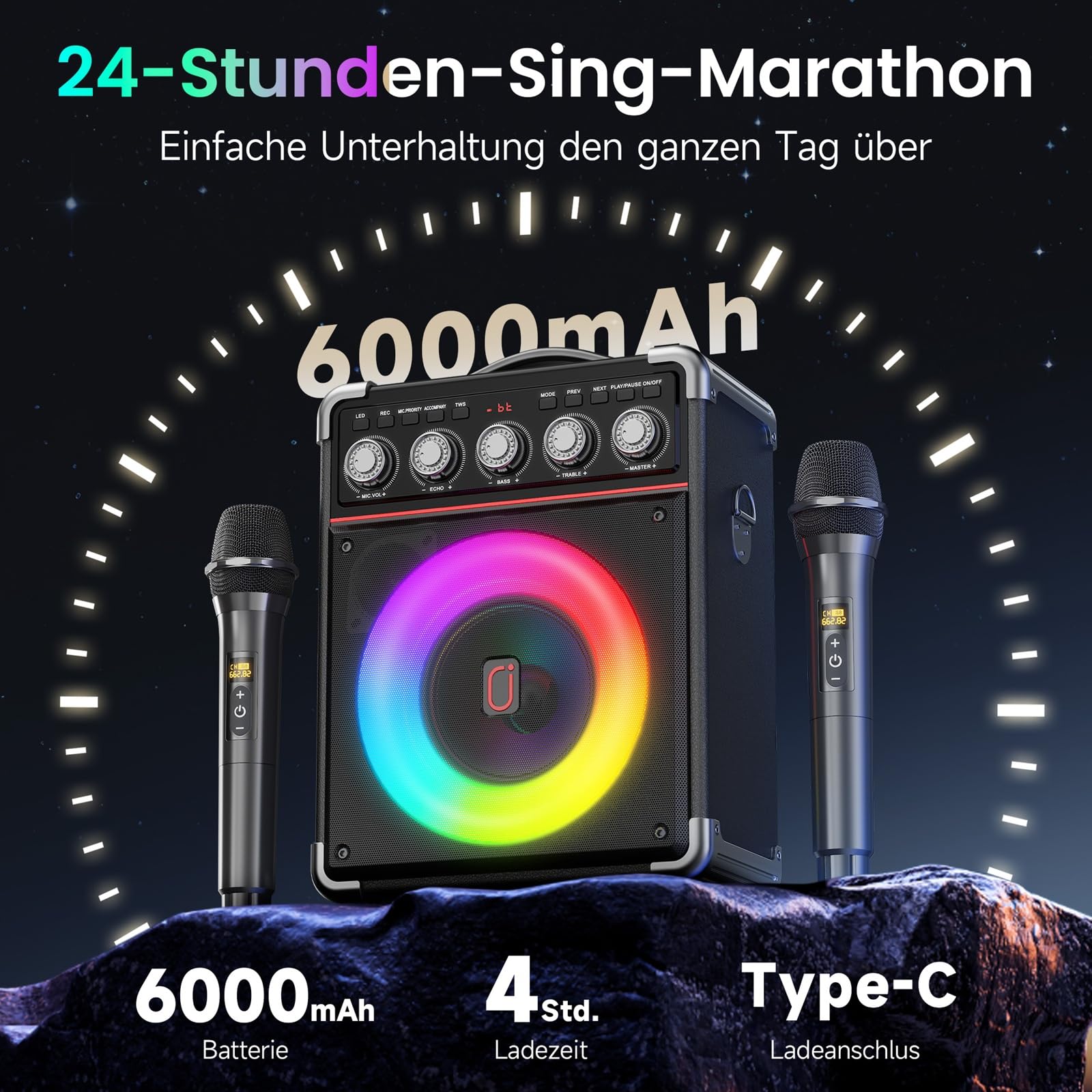 JYX Karaoke Maschine mit 2 kabellosen Mikrofonen, tragbare Karaoke Box Bluetooth 5.3 für Erwachsene & Kinder, 100W RMS PA Lautsprecher mit 6,5" Bass, LED-Licht, Echo/Bass/Höhen-Regler, TWS, USB/AUX/TF