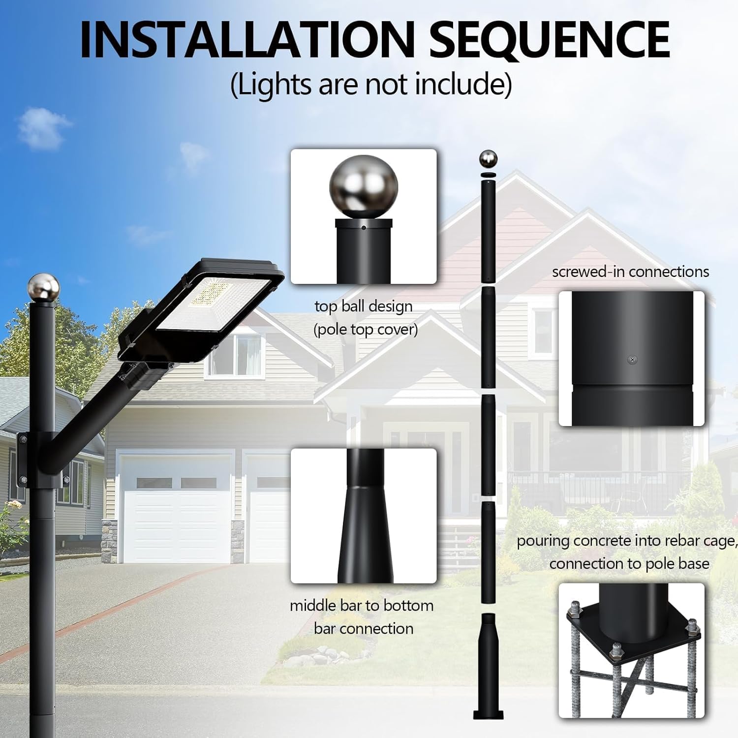 20 Ft Tall Street Light Pole, Heavy Duty Adjustable Metal Street Llight Fixture, Solar Street Lamp Post Fixture for Outdoor Lights, Parking Lot, Walkway