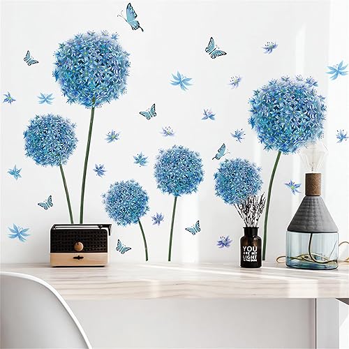 Miniatura 4 de Calcomanías de pared de mariposa de diente de león azul, arte floral de sacinora para pared, calcomanías de pared extraíbles de vinilo para despegar