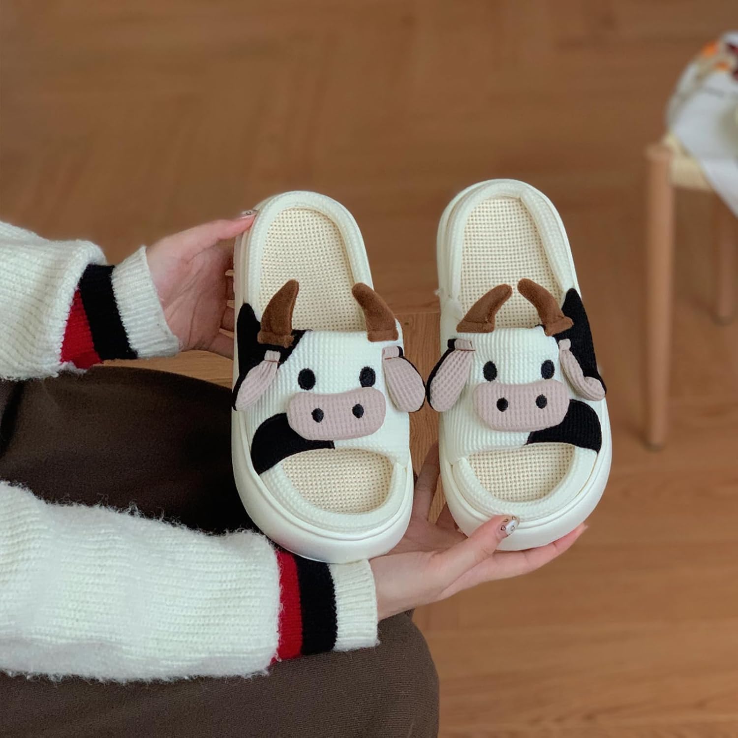 XIXITIAO Cow Slippers for Women/Men Indoor, Cute Cartoon Animal House Shoes, Comfortable Cotton Linen Bedroom Kawaii Cloud Slides - Image 3