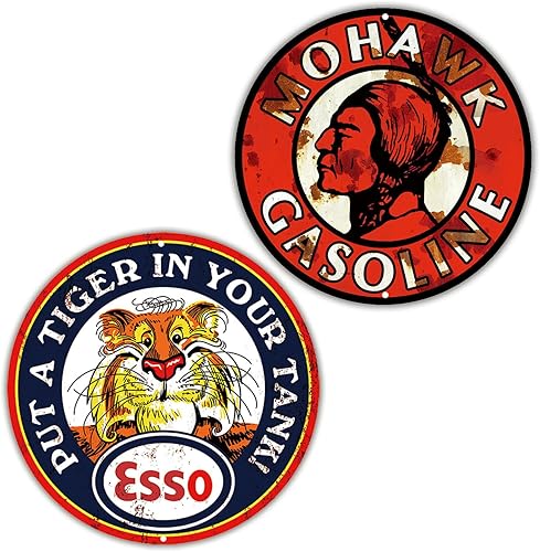 Miniatura 2 de 2 letreros de gas vintage reproducidos, metal pesado, letrero redondo de 11.8 pulgadas para colgar en la pared para el hogar, garaje, hombre, cueva,
