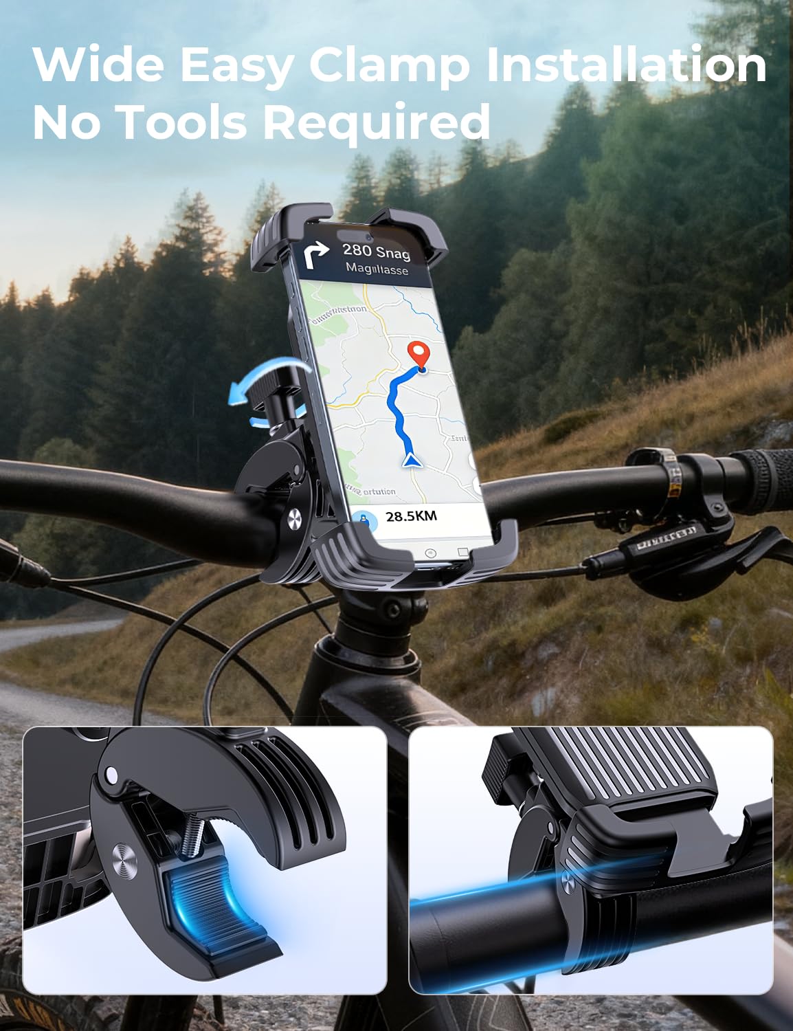 Supporto per telefono da moto per manubrio, con serratura a una mano, design anti-vibrazione, supporto per telefono regolabile a 360°, adatto per smartphone da 4,7 a 7,2 pollici (nero)