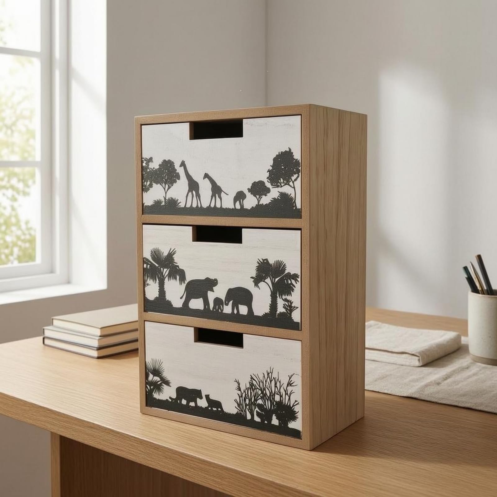 Cassettiera Verticale da Scrivania Organizzazione Ordinata Mini Cassettiera in Legno Compatto Mobile Contenitore a Cassetti, Stile Marino Con Pesci E Vita Sottomarina
