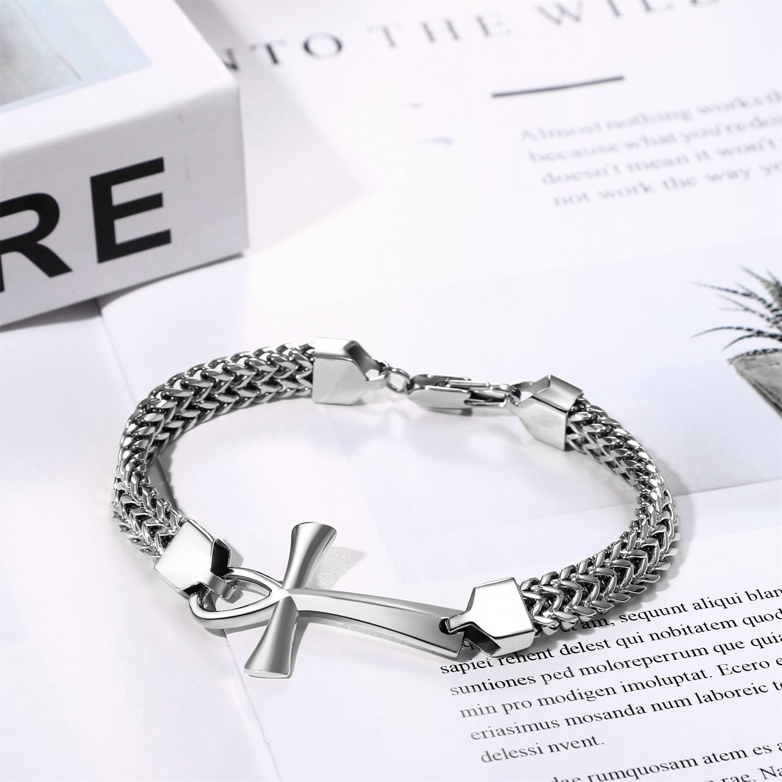 OIDEA Braccialetto egiziano Ankh da uomo: bracciale a catena Franco a doppia fila intrecciato Key of Life Bracciale da uomo in acciaio inossidabile Amuleto di protezione gioielli regalo