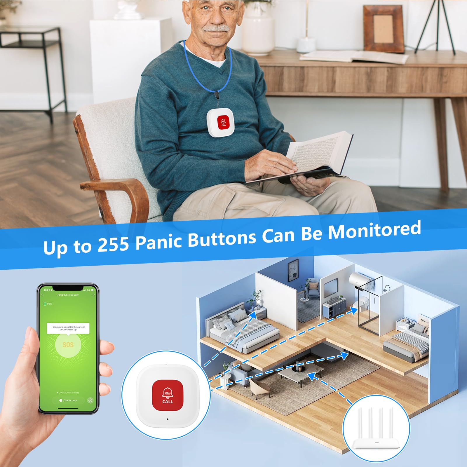 PILSAMAS - Pulsante di chiamata WiFi per anziani a casa con notifica app, monitoraggio degli anziani, cercapersone di caregiver, sistemi di avviso di vita per anziani senza