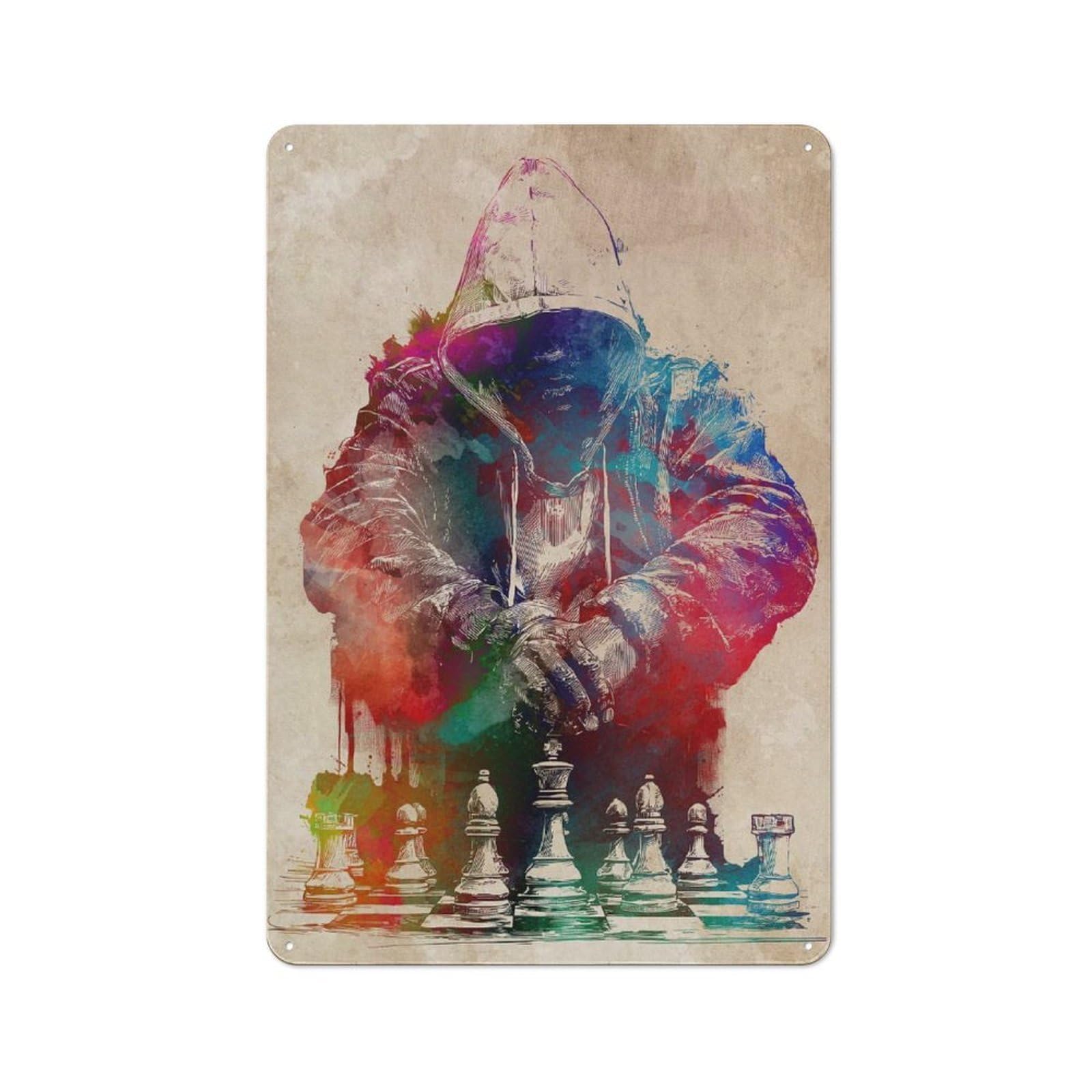 Classic Chess Player Watercolor Art Metal Wall Plaque 30x20cm, Nostalgic Wall Art for Living Room, Hallway, Kitchen Or Cafe