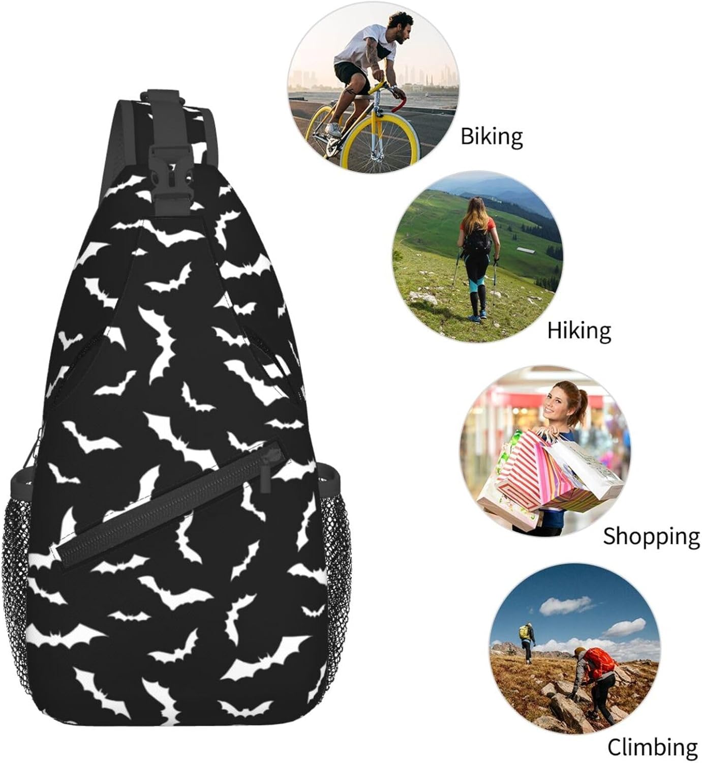 Bat Sling Bag for Women Crossbody Bag Swarm of White Flying Bats Silhouettes on Black Background Sling Backpack for Men Cool Animal Print Shoulder Bag Gym Sports Travel Hiking Daypack - Image 5