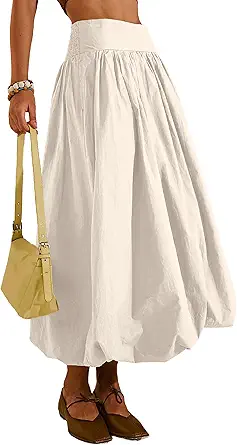 Women's Bubble Long Skirt Elastic Waist A-Line Pleated Ruffle Flowy Balloon Maxi Skirts with Pockets