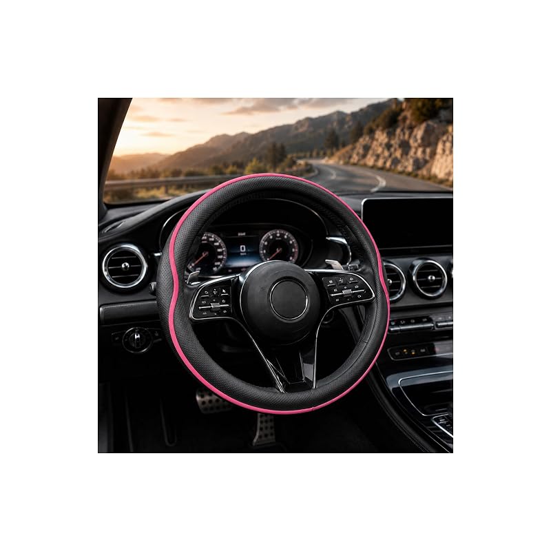 Capa para Volante Automotivo em Couro Sintético com Revestimento Antiderrapante Preta/Rosa para Carro, SUV e Caminhão