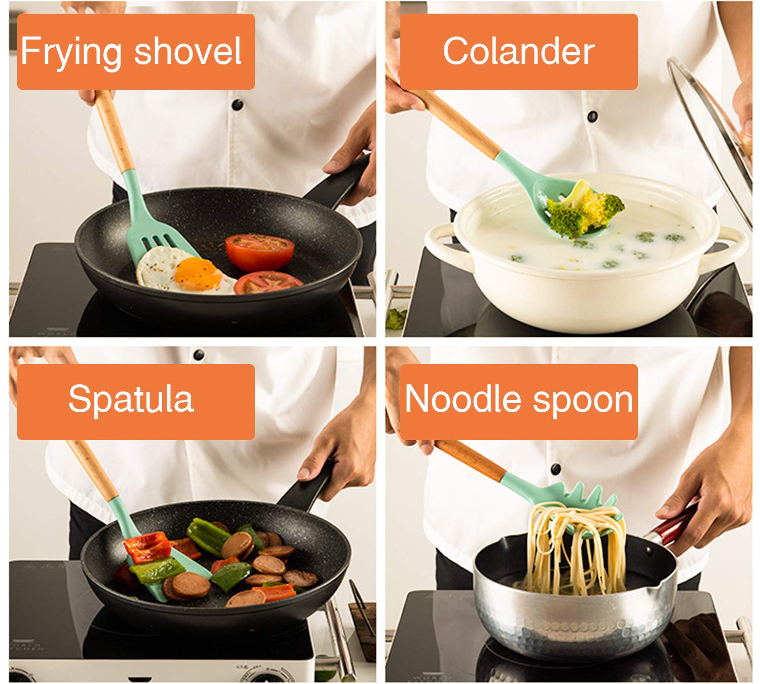 Set Composto Utensili Cucina in Silicone da 11 pz Antiaderente Cucina Cottura Resistente al Calore, Rosa