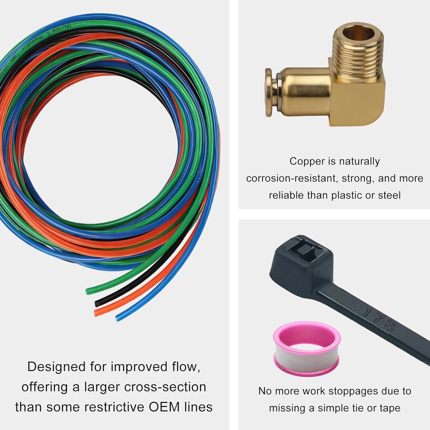 for 13 15 18 Eaton Fuller Transmissions Air Line Kit Includes 4 PU Lines, 6 Straight & 3 90-Degree Copper Fittings, 12 Ties & Teflon Tape