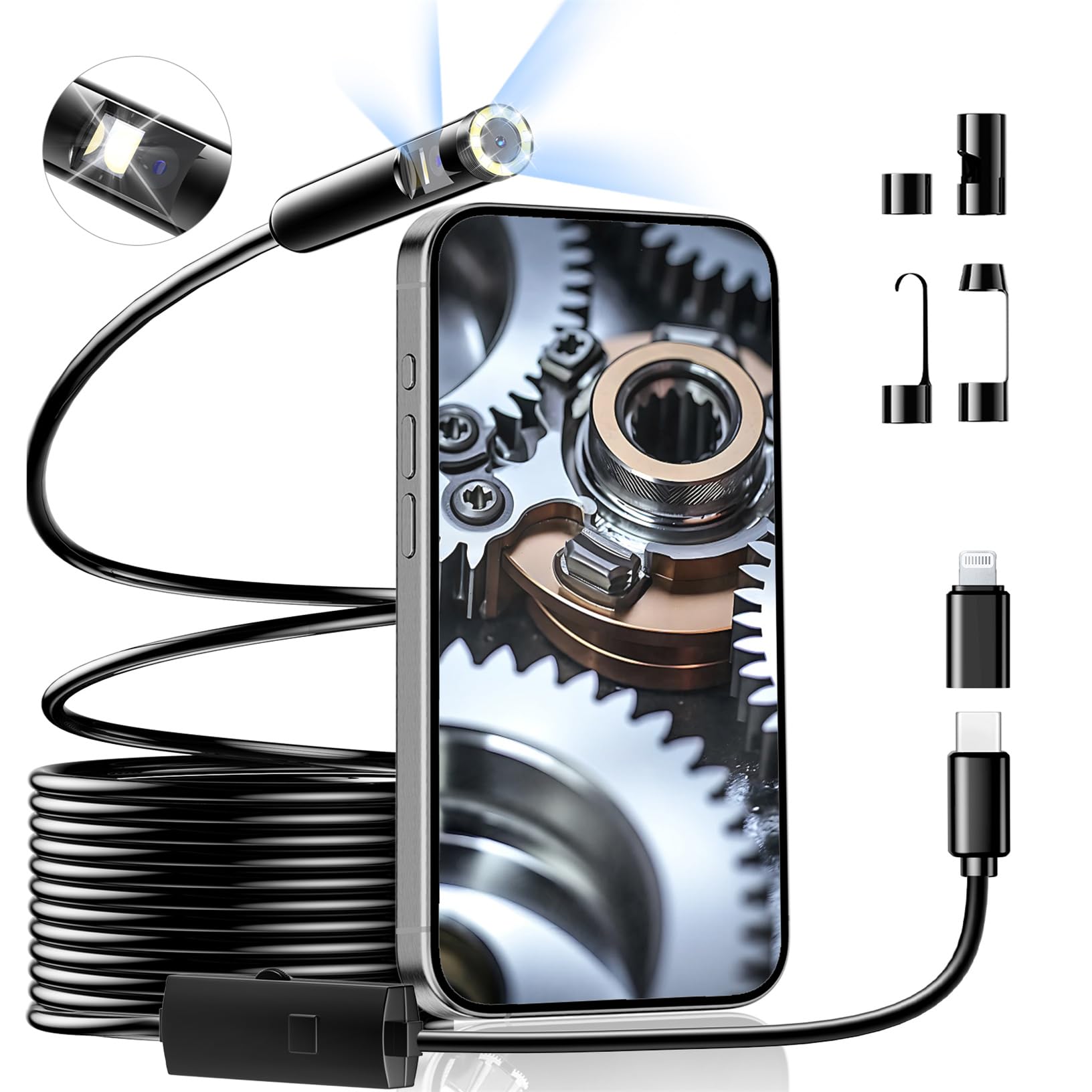 Dual Lens Industrial Endoscope, 1920p Borescope Camera with 8+1 Adjustable Led Light, Endoscope with 16.5ft Semi-Rigid Cable Snake Camera/ 7.9mm Ip67 Waterproof Camera for iPhone, Ipad, Samsung
