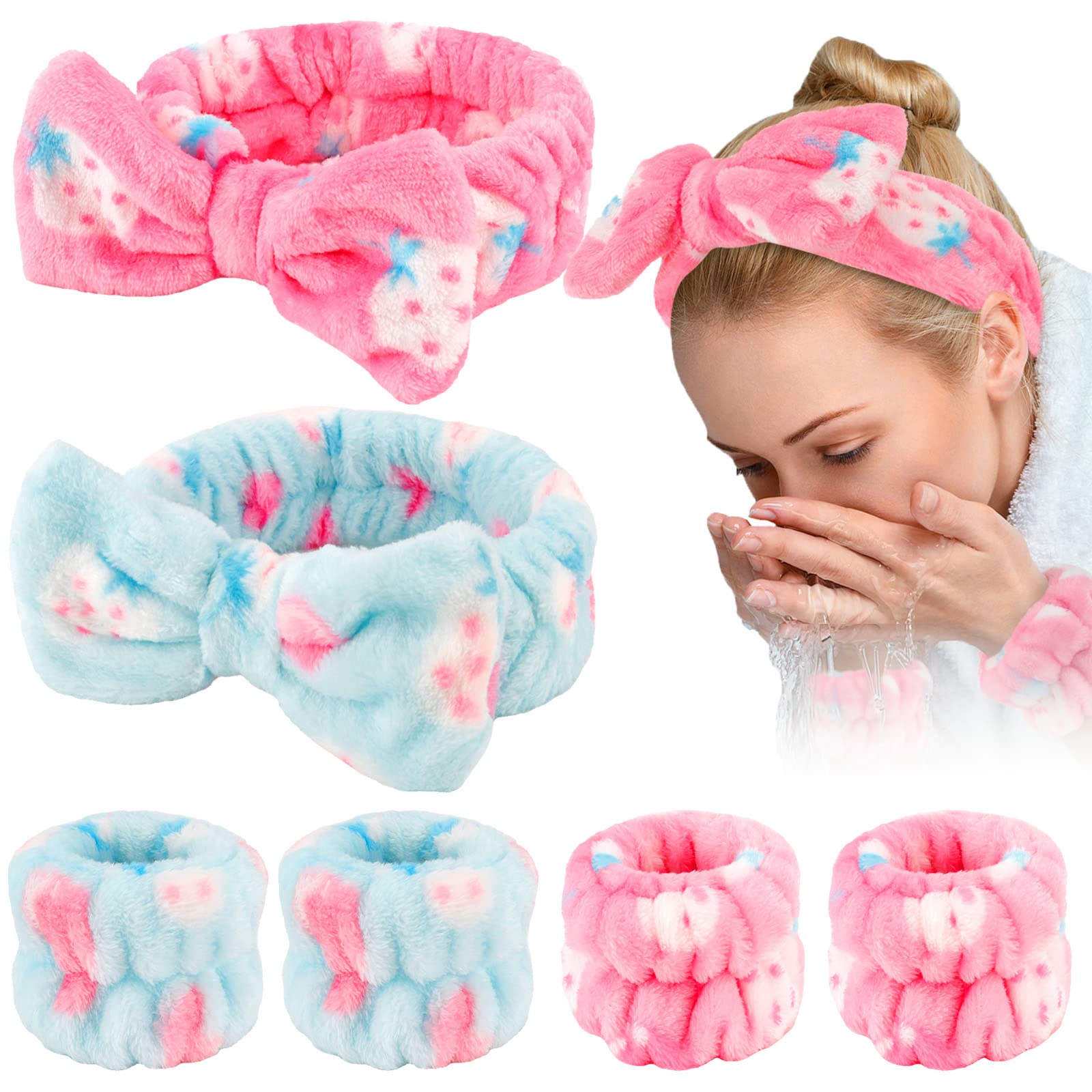 WHAVEL 6PCS Spa Headband and Wristbands Set, Face Wash Headband Wrist Bands for Washing Face Makeup Skincare Hair Band Skin Care Accessories Tools