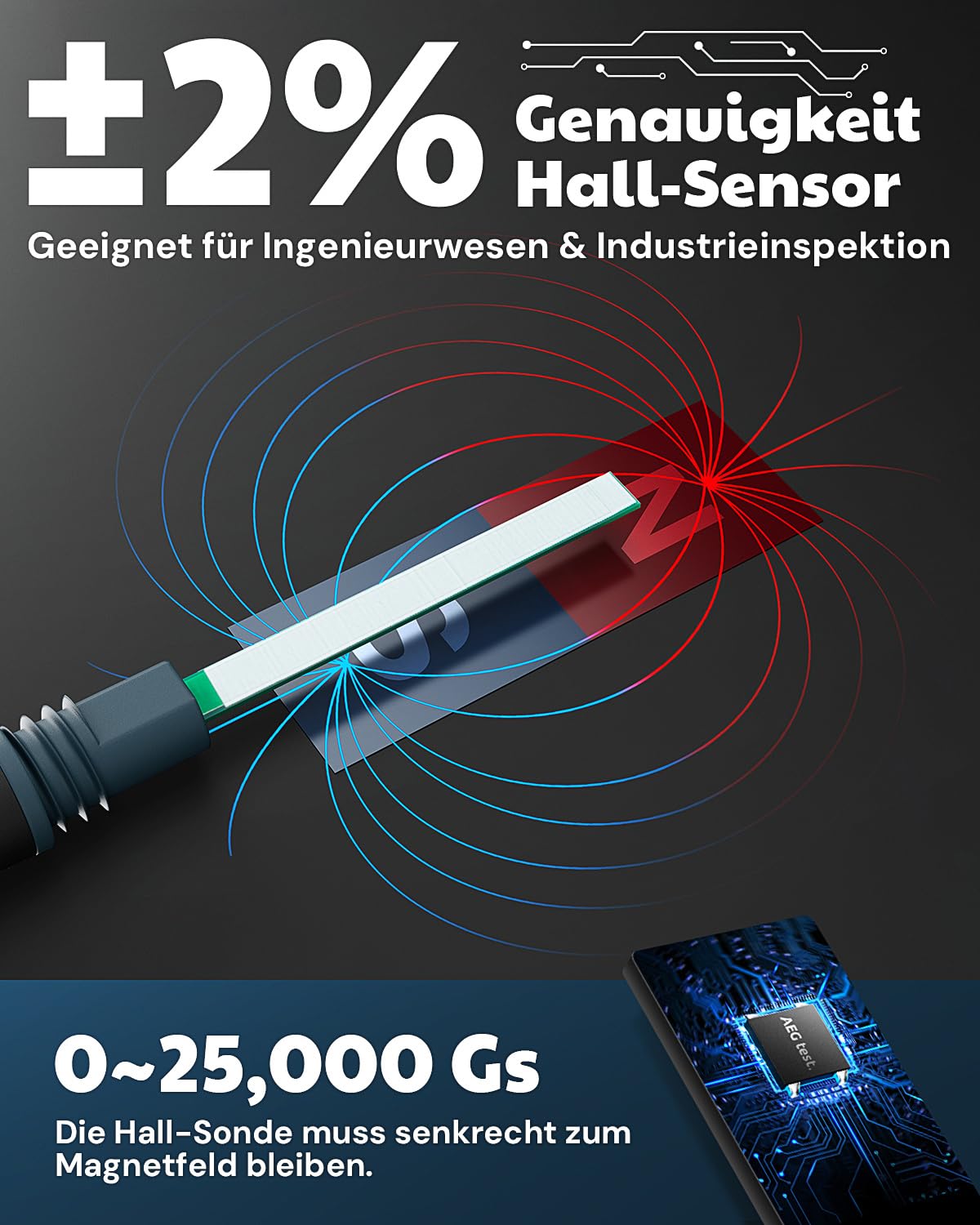 AEG-8103 Gaussmeter, Wiederaufladbares 0-2500mT, Magnetometer mit Datenaufzeichnung und Alarm, Magnetfeldstärke- und Poltester, ±2% Industrielle Genauigkeit für Qualitätskontrolle und Labore