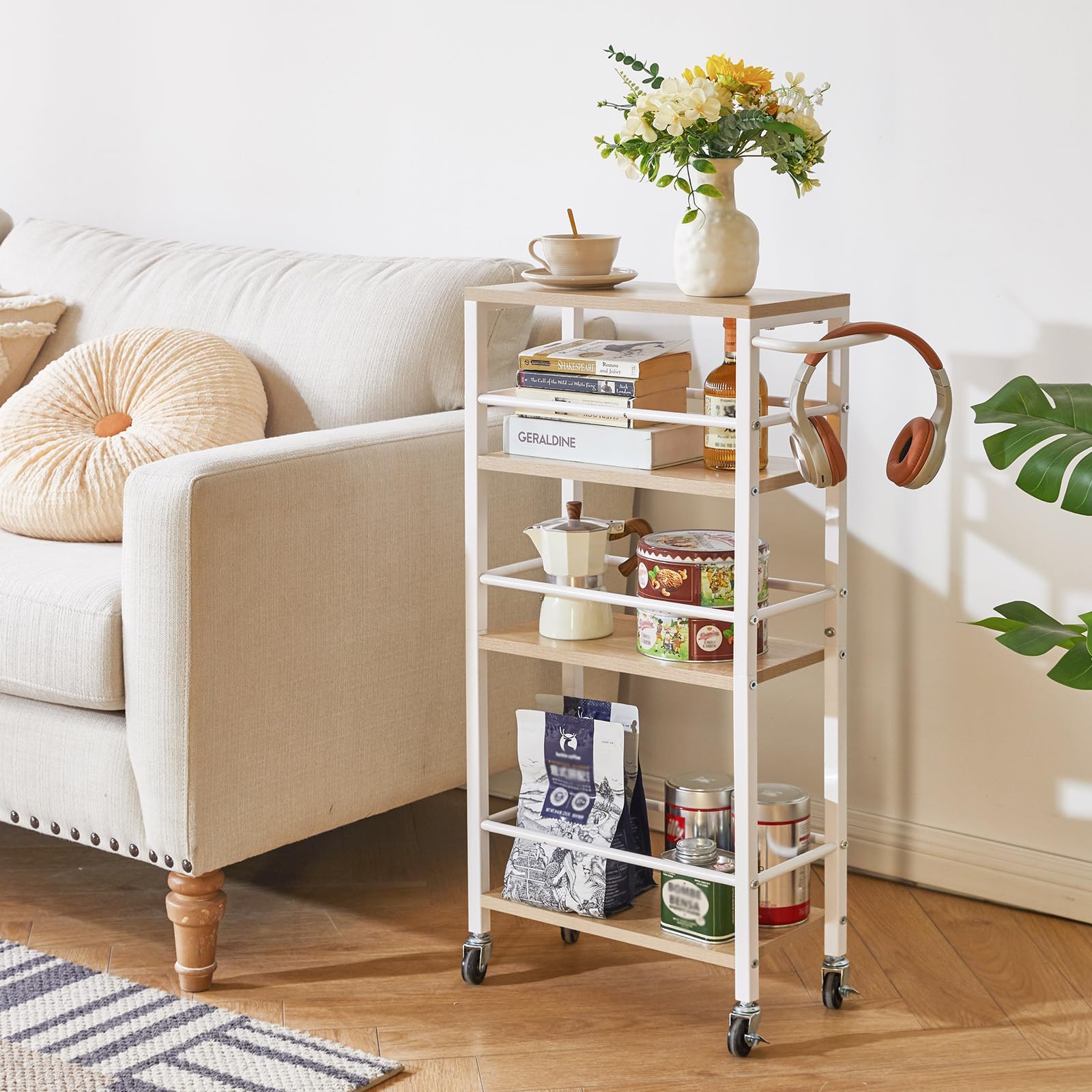 Rollende karren met wielen,Rollende kar,Keukenrolwagen | 3/4-laags rollende organisatiewagen met handvat en wielen, multifunctionele opbergwagen voor keukenwoonkamer