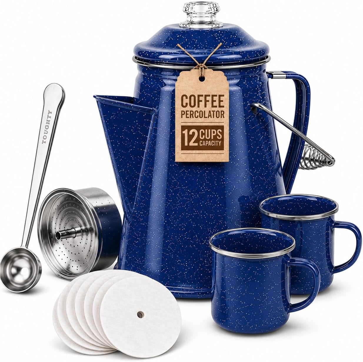 Toughty 12 Cup Enamel Coffee Percolator, Camping Stovetop Coffee Pot, Blue