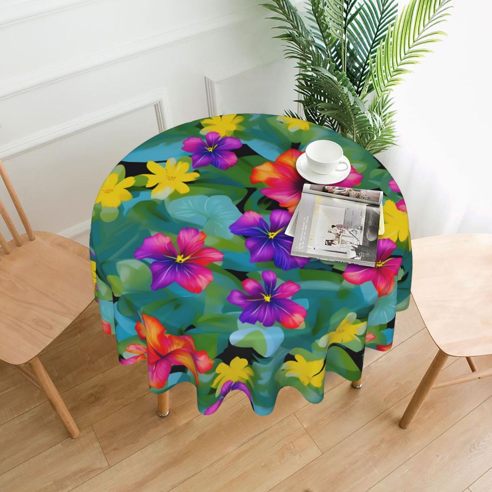 Nbtghga Hawaiian Colorful Flower Print Tablecloth Round Border Table Cloth Cover Decorative For Party Holiday Dinning Tabletop Home