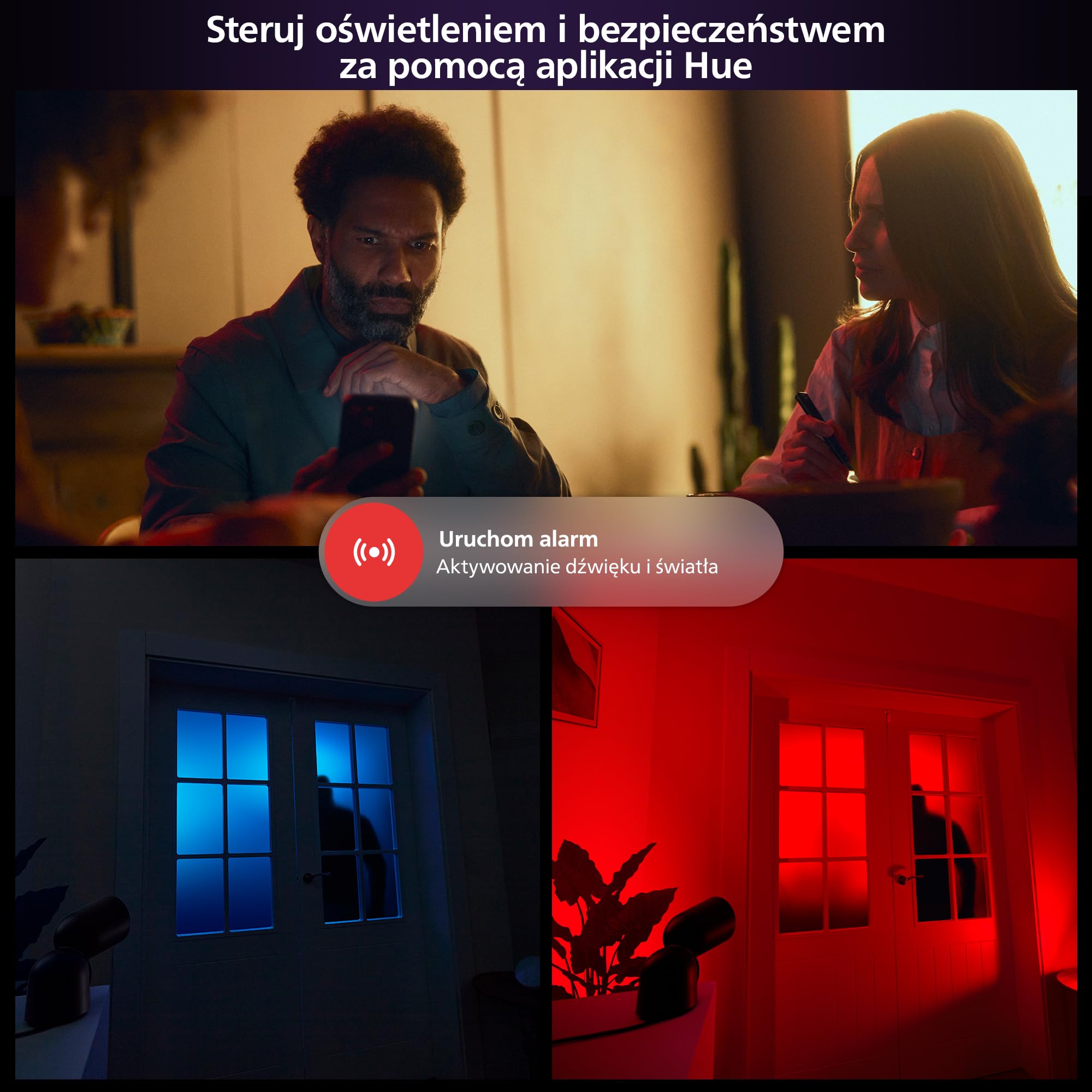Philips Hue Secure Reflektor zewnętrzny z kamerą 1080p, czarny, do użytku na zewnątrz, łatwy w instalacji, dwukierunkowa rozmowa, współpracuje z Security Center w aplikacji Philips Hue