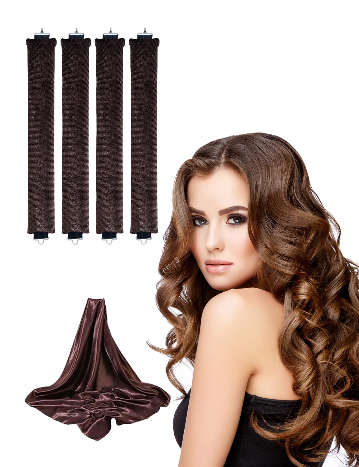 No Heat Curling Rod with Scarf, Velvet Hair Curlers to Sleep in Overnight Curls with Hook Blowout Rods Headband with Silk Scarf Curl Styling Kit for Long Medium Short Hair (4 coffee+Scarf, count)