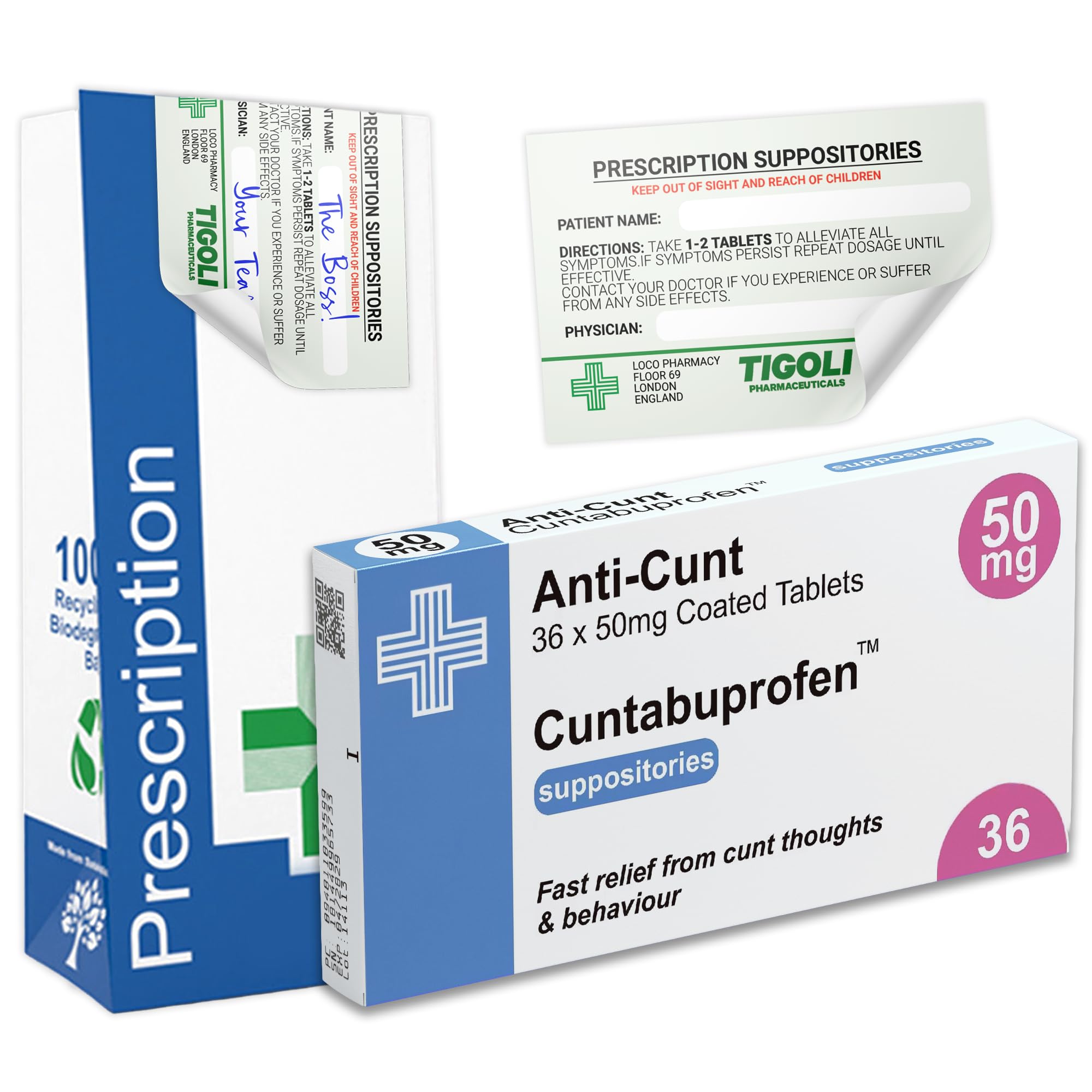 Anti-Cunt Funny Prescription Box Gift Set – Novelty Gag Gift with Realistic Pill Box, Prescription Bag & Sticker – Unique Joke Present for Friends, Birthdays, Office Parties & Secret Santa