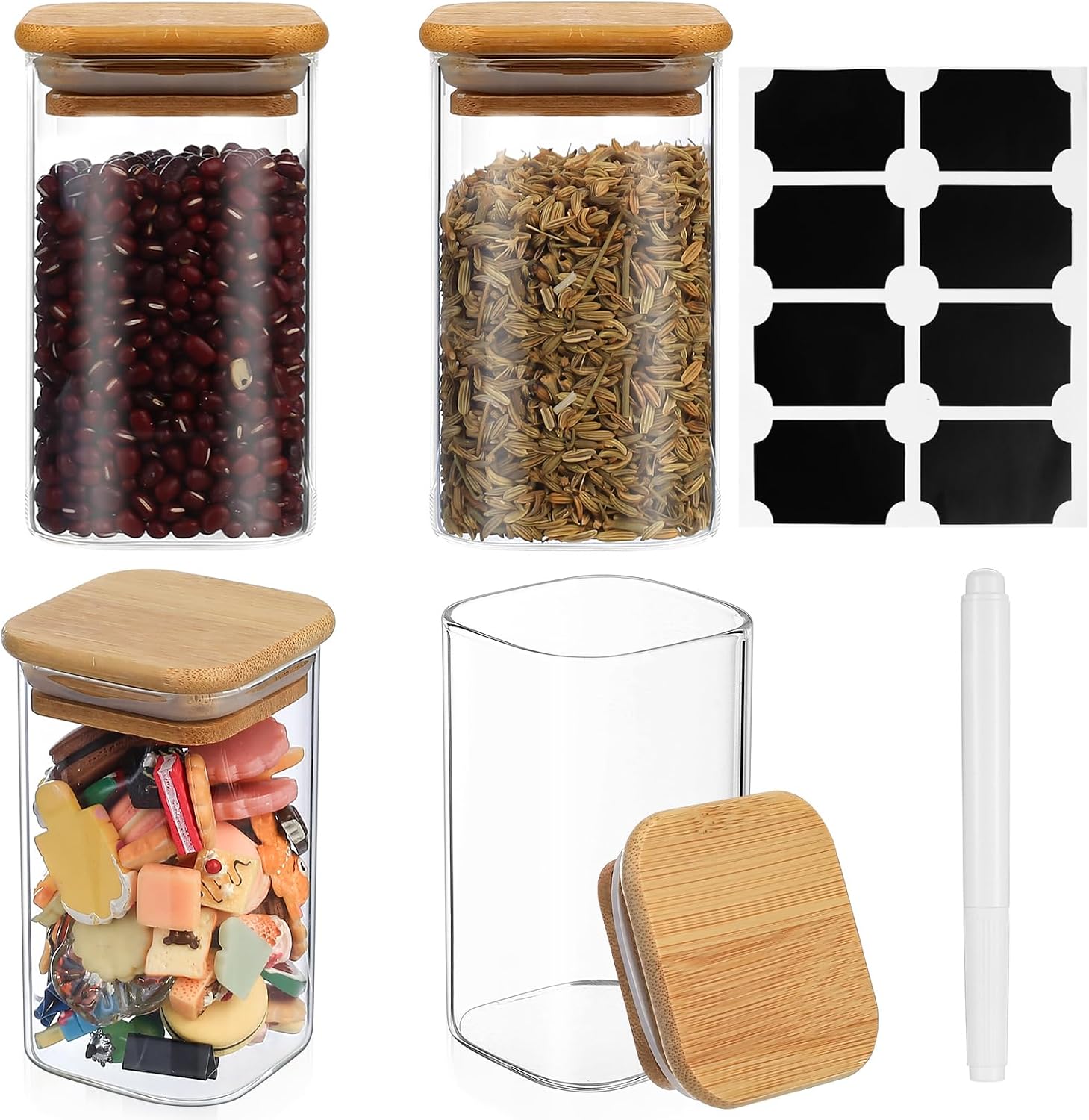 4 Pcs 300ml/10.5oz Glass Storage Jars with Lids Airtight Glass Spice Jars Food Storage Containers with Lids for Kitchen Pantry Tea Coffee Bean Cereal Sugar Canisters with Sticker & Pen