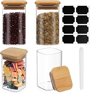 4pcs 300ML Storage Jars with Lids Airtight, Storage Boxes Glass, Storage Glass with Wooden Lids, Glass Container with Lids, Kitchen Storage Glass Spice Glass Round for Spices Nuts + Sticker & Pen