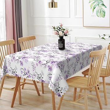70x140inches Floral Rectangle Tablecloth Watercolor Purple Flowers Print Decorative Table Cloth Waterproof and Stain Resistant Fabric Table Cover for Kitchen Dining Living Room Picnic Camping
