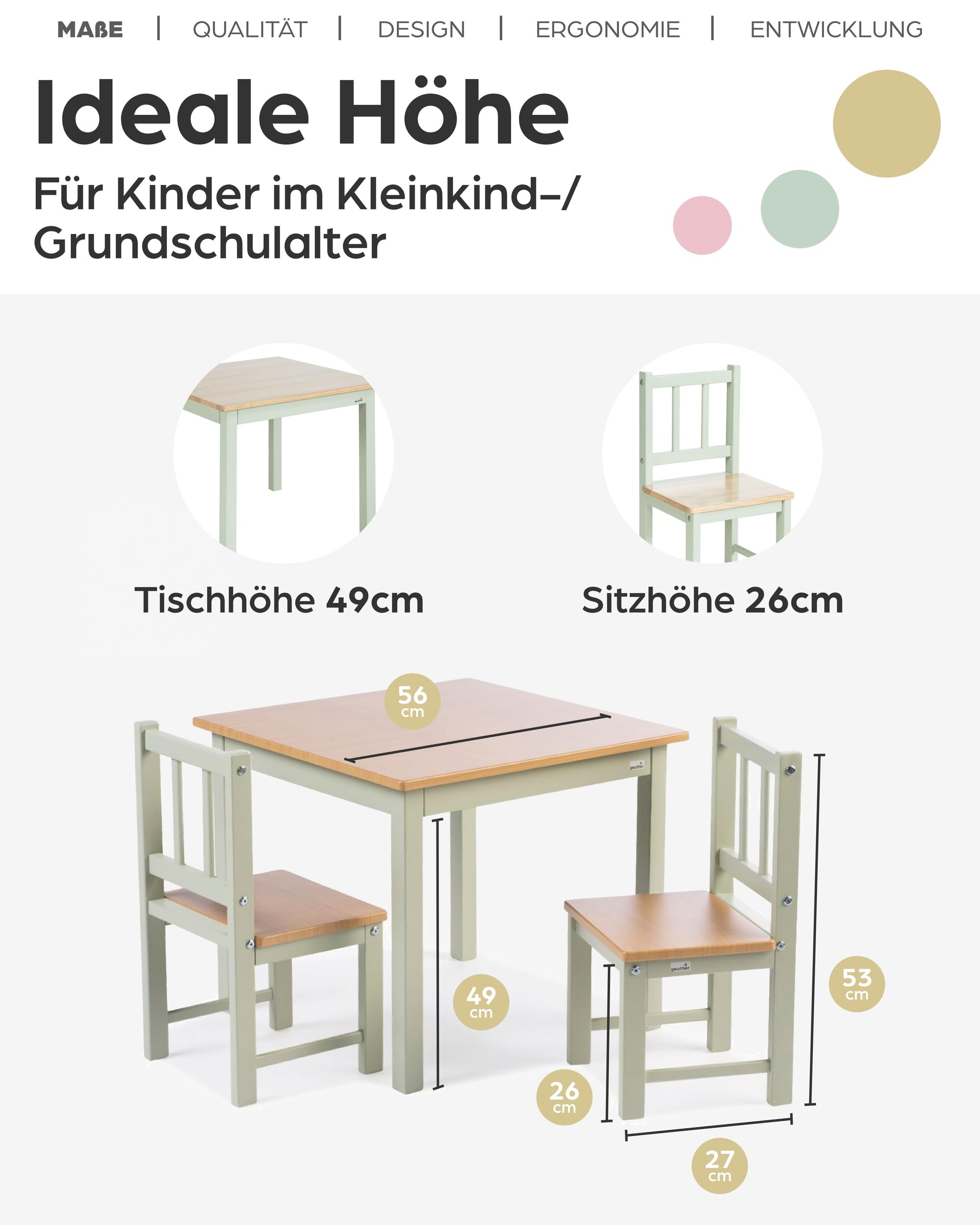 Geuther Kindersitzgruppe ACTIVITY I Kindertisch mit 2 Stühlen aus Holz I Spieltisch ab 1 Jahr | Kinder Tisch Stuhl Set für Kinderzimmer I Basteltisch & Maltisch für Kinder I Robuste Kinderzimmer Möbel