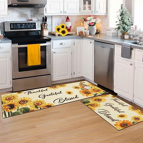Miniatura 3 de Juego de 2 alfombras de cocina de girasol, flores amarillas de primavera y verano, antideslizantes, lavables, alfombras de cocina de granja con