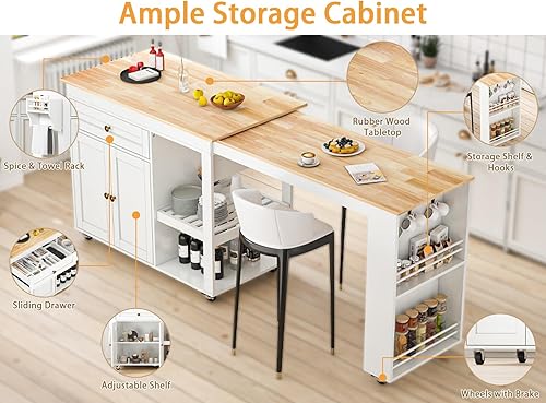 Miniatura 4 de Isla de cocina de 77.8 pulgadas con mesa extensible, isla de cocina rodante con armario de almacenamiento, cajones, estante para especias, toallero,