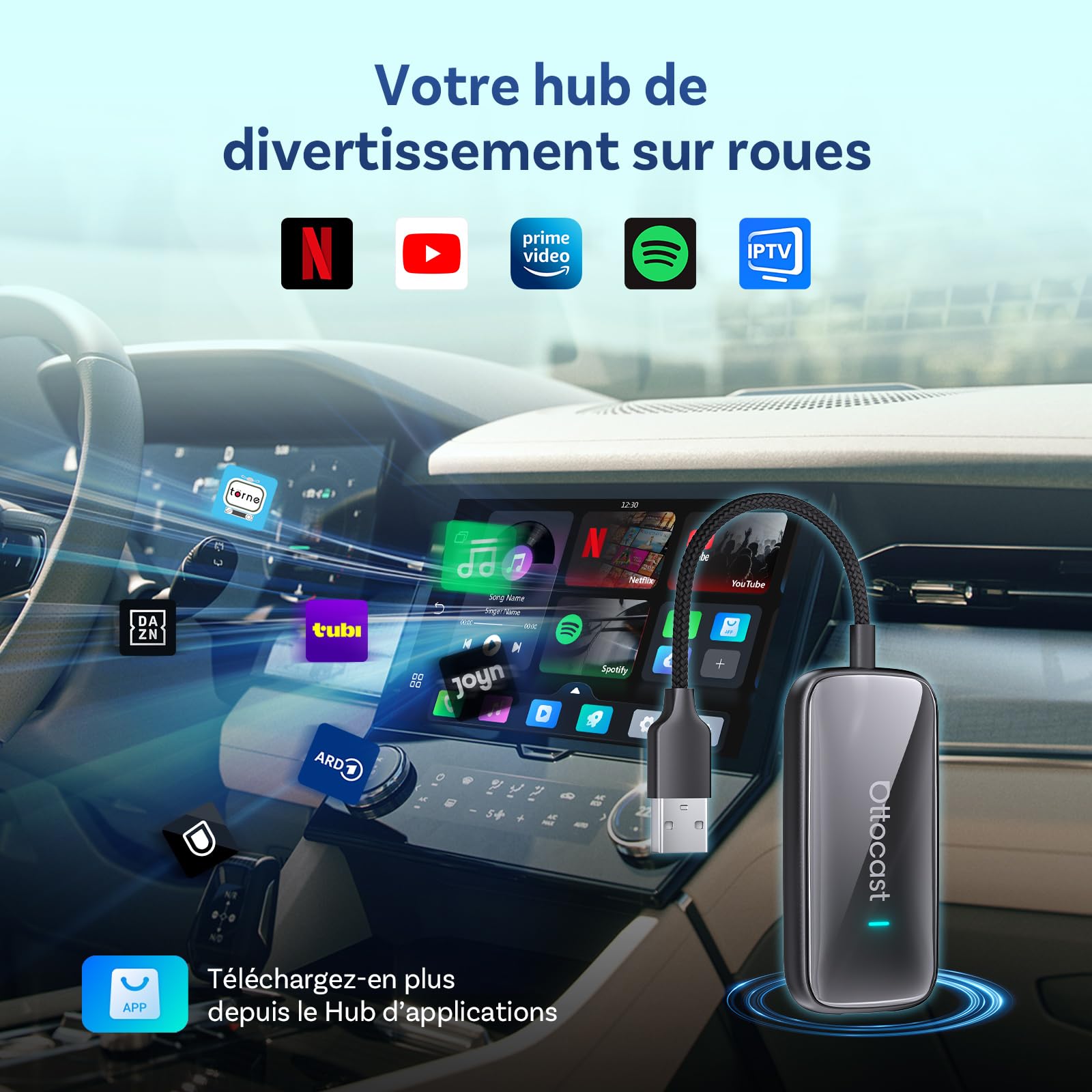 OTTOCAST Play2Video Ultra avec télécommande, 2026 Adaptateur sans Fil CarPlay & Android Auto avec Netflix/Youtube/IPTV/Prime Video intégrés, Android 12.0 AI boîtier pour Voitures avec CarPlay Filaire